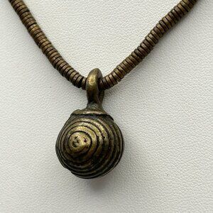 Vintage Tribal Brass Bell Pendant Necklace Ethnic Boho Statement Jewelry 17 inch